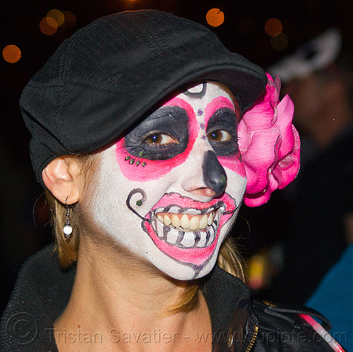 sugar skull makeup with pink flower, day of the dead, dia de los muertos, face painting, facepaint, halloween, night, pink flower, sugar skull makeup, woman