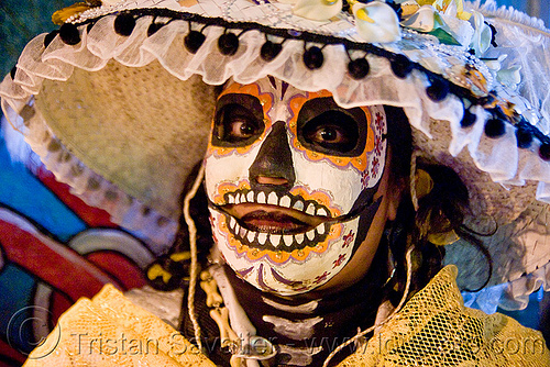 sugar skull mask - dia de los muertos - halloween (san francisco), day of the dead, dia de los muertos, face painting, facepaint, halloween, hat, lace, makeup, mask, night, woman
