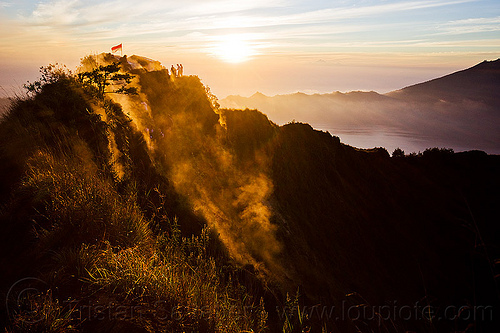 sunrise on gunung batur volcano, backlight, bali, batur volcano, danau batur, flag, fumaroles, gunung batur, lake batur, landscape, mount batur, mountains, shelter, silhouettes, smoke, smoking, steam, summit, tea house