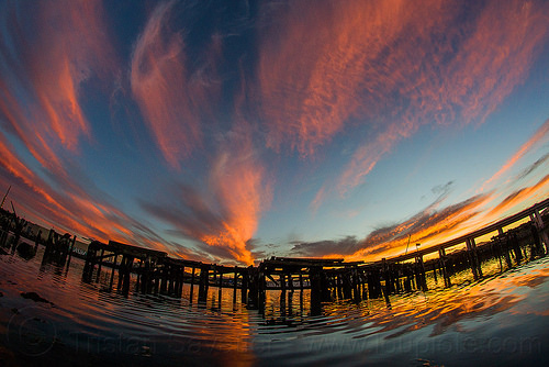 sunset sky (san francisco), cirrus clouds, dusk, fisheye, high clouds, islais creek, ocean, piers, ripples, sea, sunset