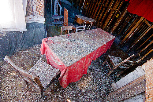 table and chairs in abandoned building, chairs, defenestration building, pigeon droppings, red, table