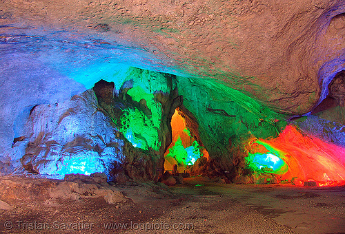 tacky color floodlights in cave - vietnam, caving, colorful, lang sơn, natural cave, spelunking, tam thanh cave, tâm thành