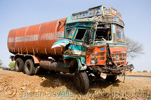 tanker truck wreck after head-on collision - fatal accident (india), cabin, crushed, deadly, frontal collision, fuel tanker, fuel truck, head-on collision, lorry accident, road crash, rollover, tanker truck, tata motors, traffic accident, traffic crash, truck accident, wreck