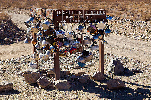 teakettle junction (death valley), death valley, dirt road, road sign, teakettle junction, teakettles, unpaved