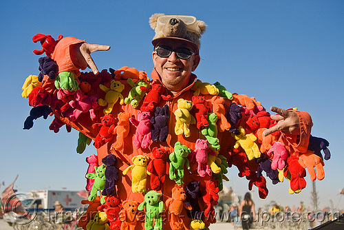 teddy bears costume, attire, burning man outfit, costume, fashion show, hat, plush, red, sunglasses, teddy bears