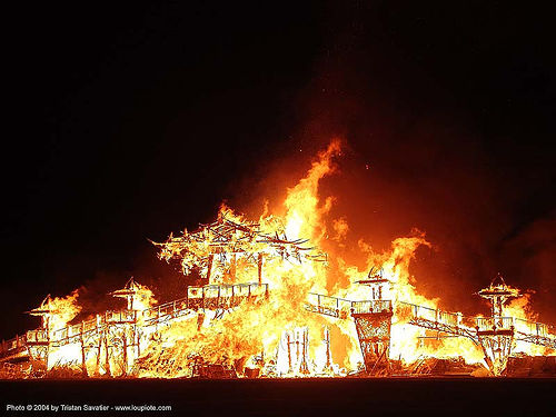 temple destroyed by fire - burning man 2004, burning man, fire, night, temple burn, temple burning