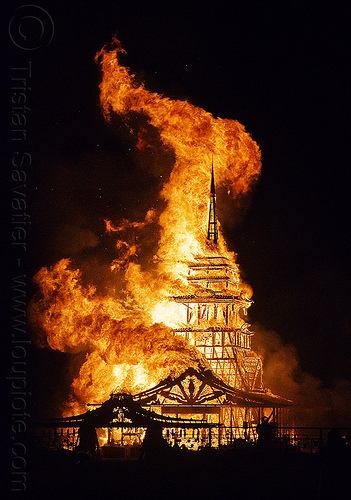 temple on fire - burning man 2012, burning man, fire, night