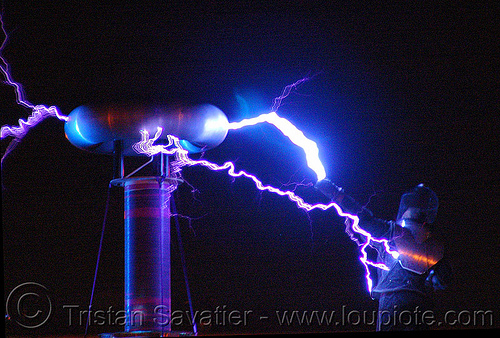 tesla coil discharge - fire arts festival at the crucible (oakland), danger, dr megavolt, electric arc, electric discharge, fire art, high voltage, lightnings, plasma filaments, static electricity, tesla coil