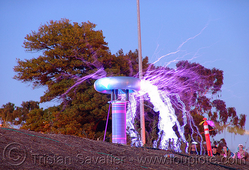 tesla coil - fire arts festival at the crucible (oakland), danger, dr megavolt, electric arc, electric discharge, fire art, high voltage, lightnings, plasma filaments, static electricity, tesla coil