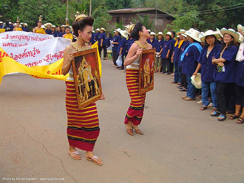 thai women dancing in the street at festival - sukhothai (thailand), costumes, dancing, sukhothai, women
