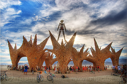 the burning man at sunset - hdr, clouds, the man, wooden sculpture, wooden truss