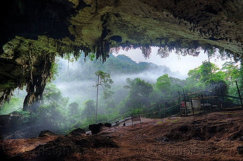 the great cave at gua niah - niah caves national park (borneo), backlight, borneo, cave formations, cave mouth, caving, concretions, fog, gua niah, hazy, jungle, malaysia, misty, natural cave, niah caves, rain forest, speleothems, spelunking, stalactites