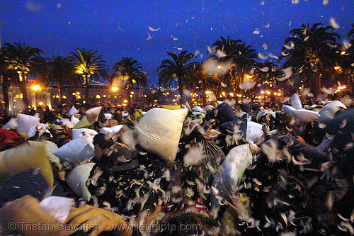 the great san francisco pillow fight 2007, crowd, down feathers, duvet, night, pillows, san francisco pillow fight, world pillow fight day