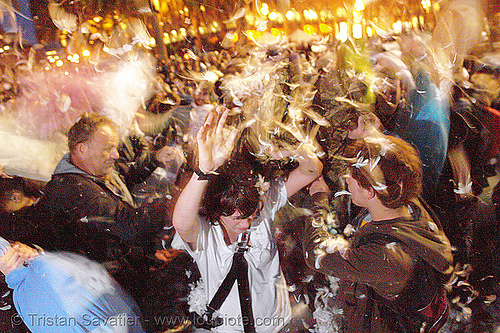 the great san francisco pillow fight 2007, crowd, down feathers, duvet, night, pillows, san francisco pillow fight, world pillow fight day