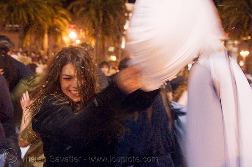 the great san francisco pillow fight 2008, down feathers, night, pillows, world pillow fight day