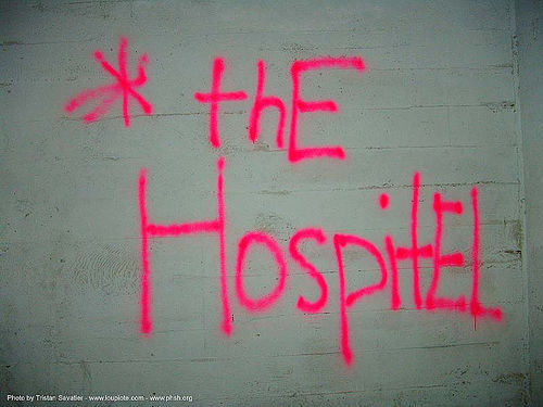 the-hospitel - pink tag - abandoned hospital (presidio, san francisco), abandoned building, abandoned hospital, graffiti, neon color, presidio hospital, presidio landmark apartments, trespassing