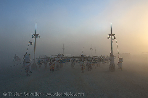 the lamplighters - burning man 2006, lamplighters, light pole, march, petrol lanterns, poles