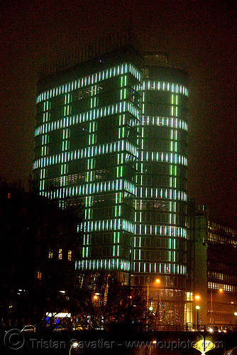 the led-light-morphing uniqa tower in vienna, building, glowing, high-rise, led lights, morphing, night, tower, twists and turns, vienna, wien