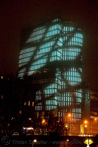 the led-light-morphing uniqa tower in vienna, building, glowing, high-rise, led lights, morphing, night, tower, twists and turns, vienna, wien