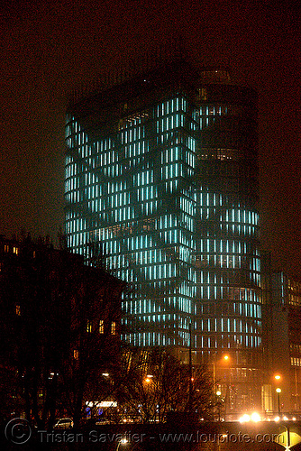 the led-light-morphing uniqa tower in vienna, building, glowing, high-rise, led lights, morphing, night, tower, twists and turns, vienna, wien