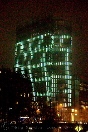 the led-light-morphing uniqa tower in vienna, building, glowing, high-rise, led lights, morphing, night, tower, twists and turns, vienna, wien