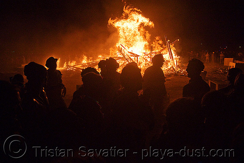 the man burns - burning man 2008, backlight, burning man, crowd, fire, night of the burn, the man