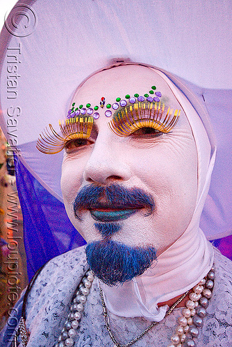 the sisters of perpetual indulgence - nun - easter sunday in san francisco, bindis, drag, easter, eyelashes, jewelry, makeup, man, nun, sister hellen wheels