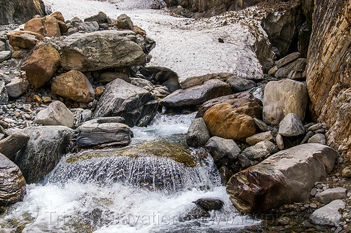 the springs of the yamuna river near yamunotri (india), flowing, rocks, snow, springs, yamuna river, yamunotri