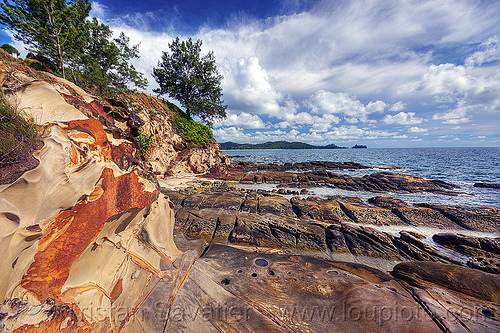 the tip of borneo - simpang mengayau cape, cape, cliff, clouds, erosion, landscape, malaysia, ocean, rock, rocky, sandstone, sea, seashore, tanjung simpang mengayau, tide pools, tip of borneo, trees