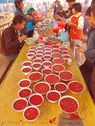 tiết canh (tiet canh) is raw blood soup - vietnam, bowls, breakfast, coagulated blood, dishes, duck blood, hill tribes, indigenous, mèo vạc, poultry, raw blood soup, raw food, red, street food, street seller, table, tiet canh, tiết canh, vietnam