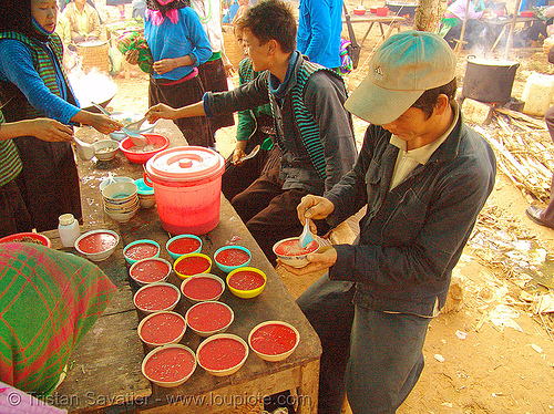 tiết canh (tiet canh) is raw blood soup - vietnam, bowls, breakfast, coagulated blood, dishes, duck blood, food, hill tribes, indigenous, mèo vạc, poultry, raw blood soup, red, tiet canh, tiết canh