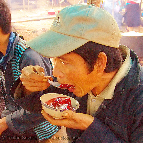 tiết canh (tiet canh) is raw blood soup - vietnam, bowl, breakfast, coagulated blood, dish, duck blood, food, hill tribes, indigenous, man, mèo vạc, poultry, raw blood soup, red, tiet canh, tiết canh