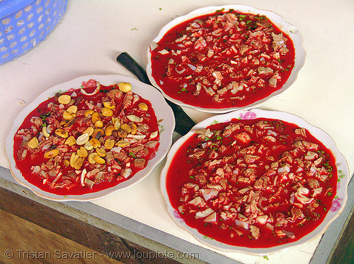 tiết canh (tiet canh) is raw blood soup - vietnam, bowls, breakfast, cat ba island, coagulated blood, cát bà, dishes, duck blood, food, peanuts, plates, poultry, raw blood soup, red, tiet canh, tiết canh, topping