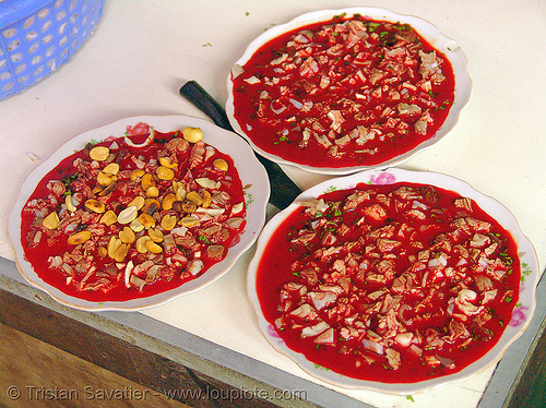 tiết canh (tiet canh) is raw blood soup - vietnam, bowls, breakfast, cat ba island, coagulated blood, cát bà, dishes, duck blood, food, peanuts, plates, poultry, raw blood soup, red, tiet canh, tiết canh, topping