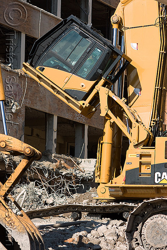 tiltable cab - caterpillar cat 385c ultra high demolition excavator - building demolition, abandoned building, abandoned hospital, at work, building demolition, cat 385c, caterpillar 385c, caterpillar excavator, demolition excavator, high reach demolition, long reach demolition, presidio hospital, presidio landmark apartments, tiltable cab, ultra high demolition, working