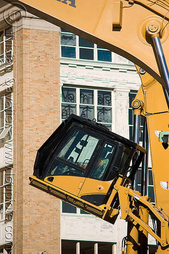 tilted cab - caterpillar cat 385c ultra high demolition excavator - building demolition, abandoned building, abandoned hospital, building demolition, cat 385c, caterpillar 385c, caterpillar excavator, demolition excavator, high reach demolition, long reach demolition, presidio hospital, presidio landmark apartments, tiltable cab, ultra high demolition, vomiter