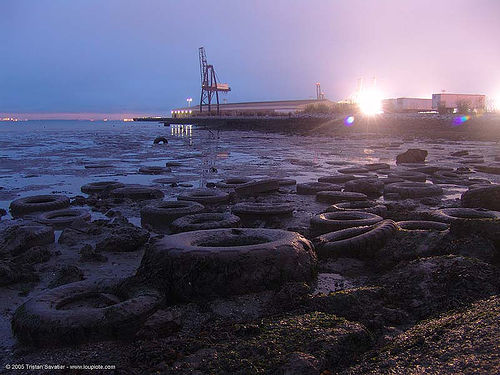 tire dump - tire beach aka toxic beach or kafka beach - pollution (san francisco), beach, dawn, environment, landscape, pollution, seashore, tires