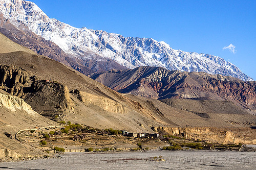 tiri - mustang district (nepal), annapurnas, kagbeni, kali gandaki valley, landscape, mountains, snow, village