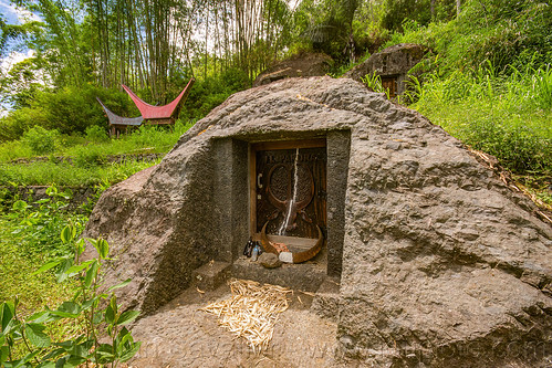 toraja rock-tomb with water buffalo horns offering, burial site, cemetery, grave, graveyard, liang pak, miniature tongkonan, pa'tedong, rock tomb, tana toraja, water buffalo horns