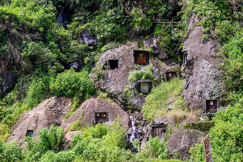 toraja rock-tombs on hillside, boulder, burial site, cemetery, graves, graveyard, liang pak, rock tombs, tana toraja