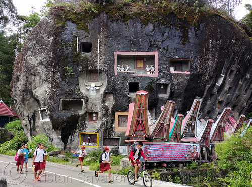 toraja schoolkids walking in front of rock-tombs - lembang tonga riu - lo'ko mata wall, boulder, burial site, cemetery, children, graves, graveyard, kids, lembang tonga riu, liang pak, lo'ko mata wall, miniature tongkonan, pa'tedong, road, rock tombs, tana toraja, tongkonan roof, walking