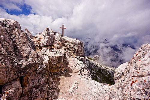 torre di toblino summit - cross, alps, clouds, cross, dolomites, ledge, mountain climbing, mountaineering, mountains, parco naturale dolomiti di sesto, rock climbing, summit, torre di toblin, torre di toblino, via ferrata