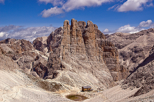 torri del vajolet and rifugio vajolet, alps, climbers, dolomites, dolomiti, landscape, mountain climbing, mountaineer, mountaineering, mountains, rifugio vajolet, rock climbing, torri del vajolet, via ferrata