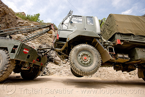 towed military truck - ladakh (india), army truck, india, indian army, ladakh, lorry, military truck, road, tow truck, towed, trucks