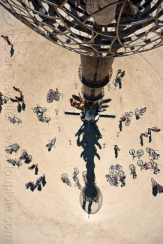 tower shadow - burning man 2010, art installation, bicycles, bikes, bryan tedrick, burning man, cage, climbing, the minaret, tower