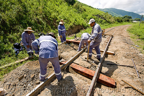 track maintenance - replacing wood railroad ties, argentina, men, metric gauge, narrow gauge, noroeste argentino, railroad construction, railroad ties, railroad tracks, railway sleepers, railway tracks, single track, track maintenance, tren a las nubes, workers, working