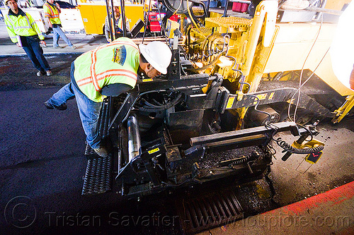 tracked asphalt paver, cat ap655d, high-visibility jacket, high-visibility vest, light rail, men, muni, night, ntk, paving machine, railroad construction, railroad tracks, railway tracks, reflective jacket, reflective vest, road construction, roadwork, safety helmet, safety vest, san francisco municipal railway, track maintenance, track work, tracked asphalt paver, workers, working