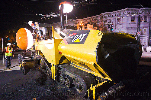 tracked asphalt paver, cat ap655d, high-visibility jacket, high-visibility vest, light rail, men, muni, night, ntk, paving machine, railroad construction, railroad tracks, railway tracks, reflective jacket, reflective vest, road construction, roadwork, safety helmet, safety vest, san francisco municipal railway, track maintenance, track work, tracked asphalt paver, workers