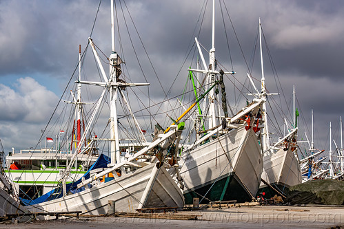 traditional pinisi boats (bugis schooners) docked at the makassar harbor, boats, bugis schooners, dock, harbor, makassar, pinisi, ship bow, ships
