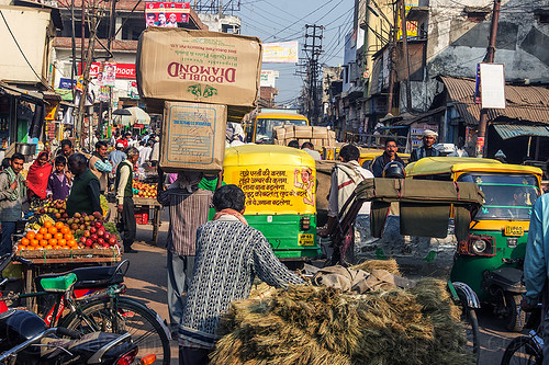 traffic jam on busy market street (india), auto rickshaws, street market, traffic jam, varanasi